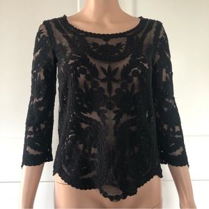 H&M Divided Black Lace Sheer 3/4 Bell Sleeves Scalloped Top Blouse 32 XS 2
